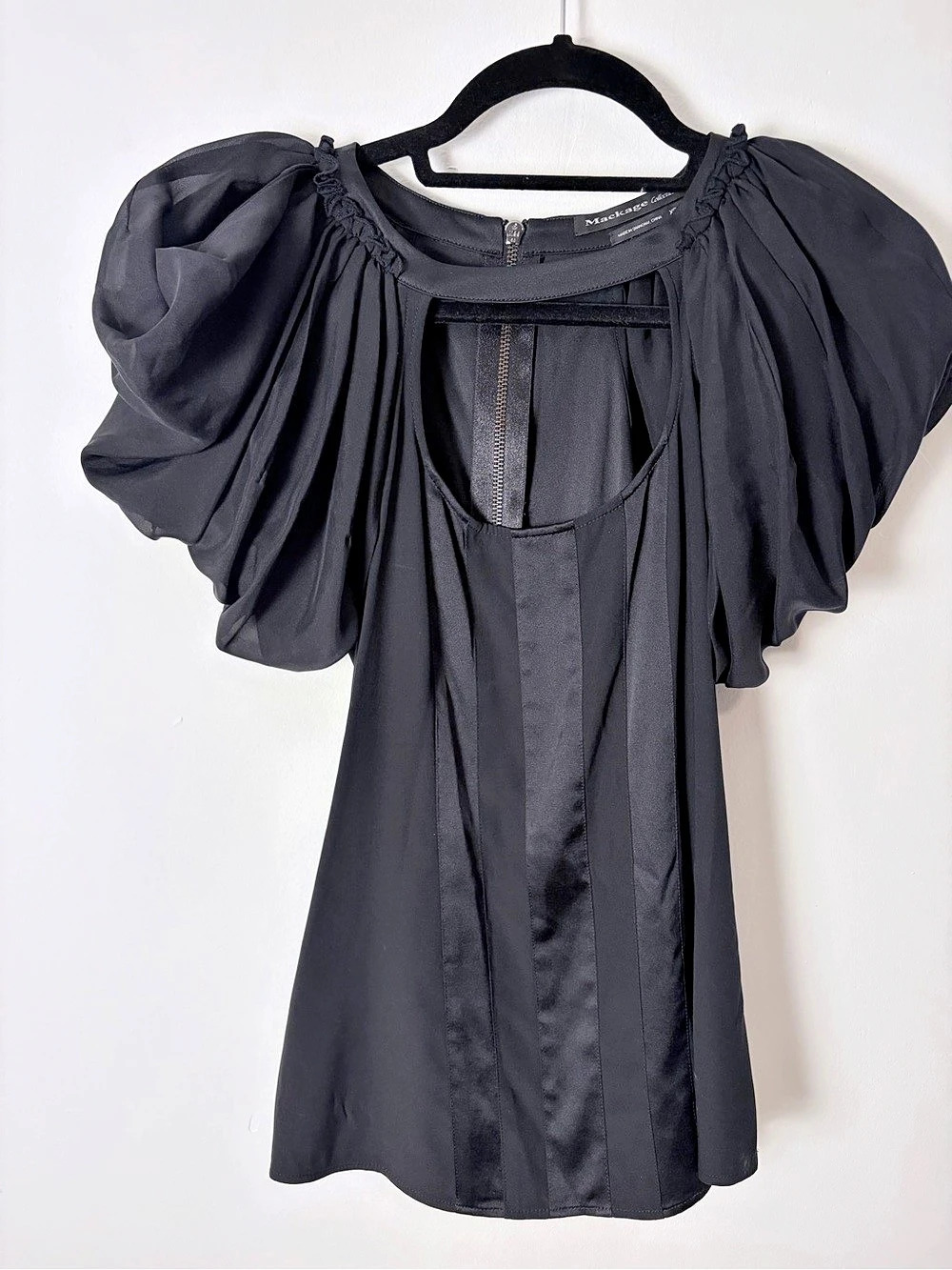 Mackage Collection Black Silk Blend Dramatic Puff Sleeve Cutout Blouse XS
